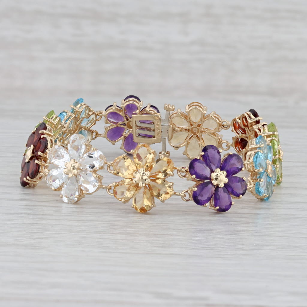 Gray 24.50ctw Gemstone Flower Bracelet 14k Gold Topaz Amethyst Peridot Garnet Citrine