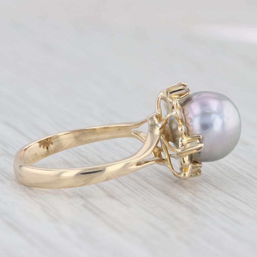 Light Gray Gray Cultured Pearl Diamond Ring 14k Yellow Gold Size 6.5