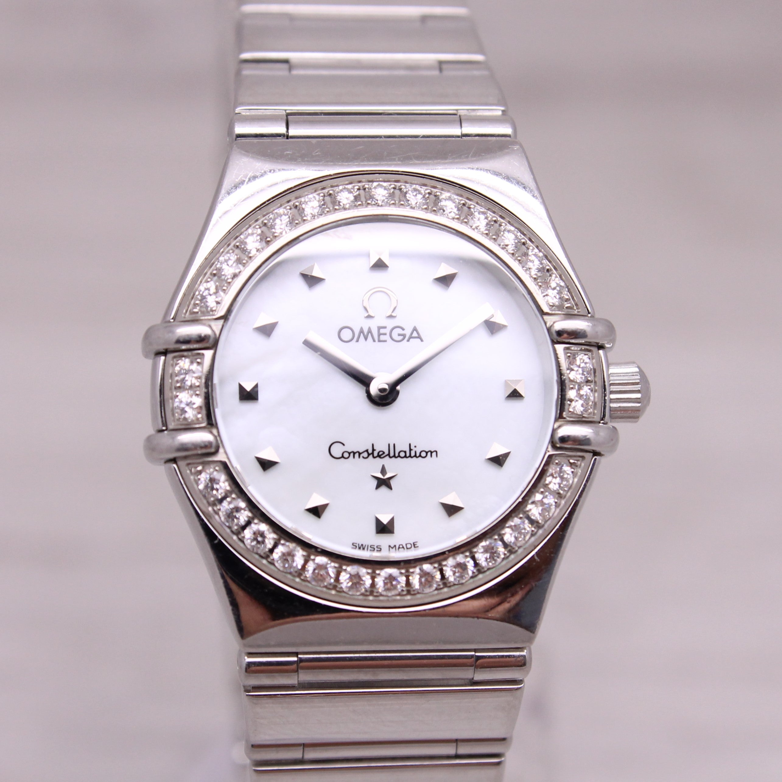 Gray Omega Constellation Ladies "My Choice" Steel 23mm Quartz Watch Diamond Bezel MOP