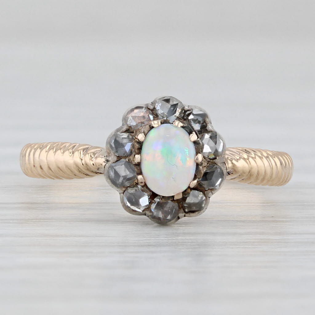 Light Gray Antique Opal Diamond Halo Ring 14k Yellow Gold Silver Top Size 6