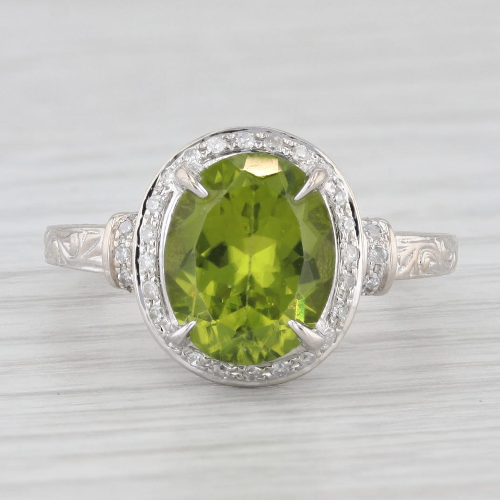 Light Gray 4.25ctw Oval Green Peridot Diamond Halo Ring 10k White Gold Size 8.25