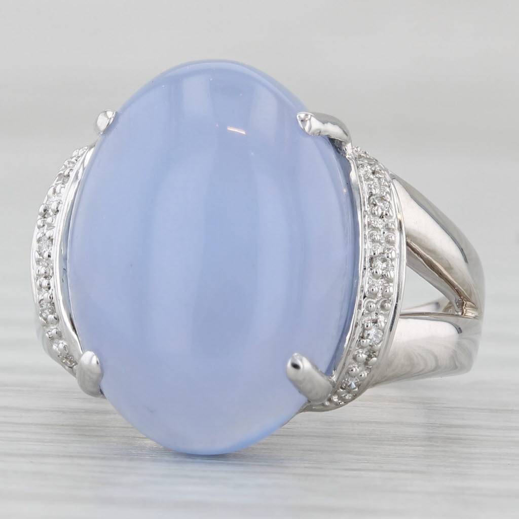 Gray Violet Chalcedony Cabochon Ring 18k White Gold Size 7 Diamond Accents