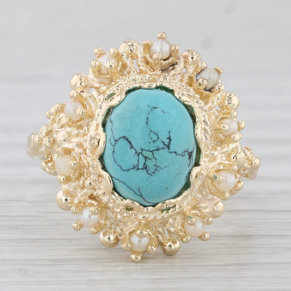 Light Gray Lab Created Turquoise Pearl Ring 14k Yellow Gold Size 7.5 Oval Cabochon