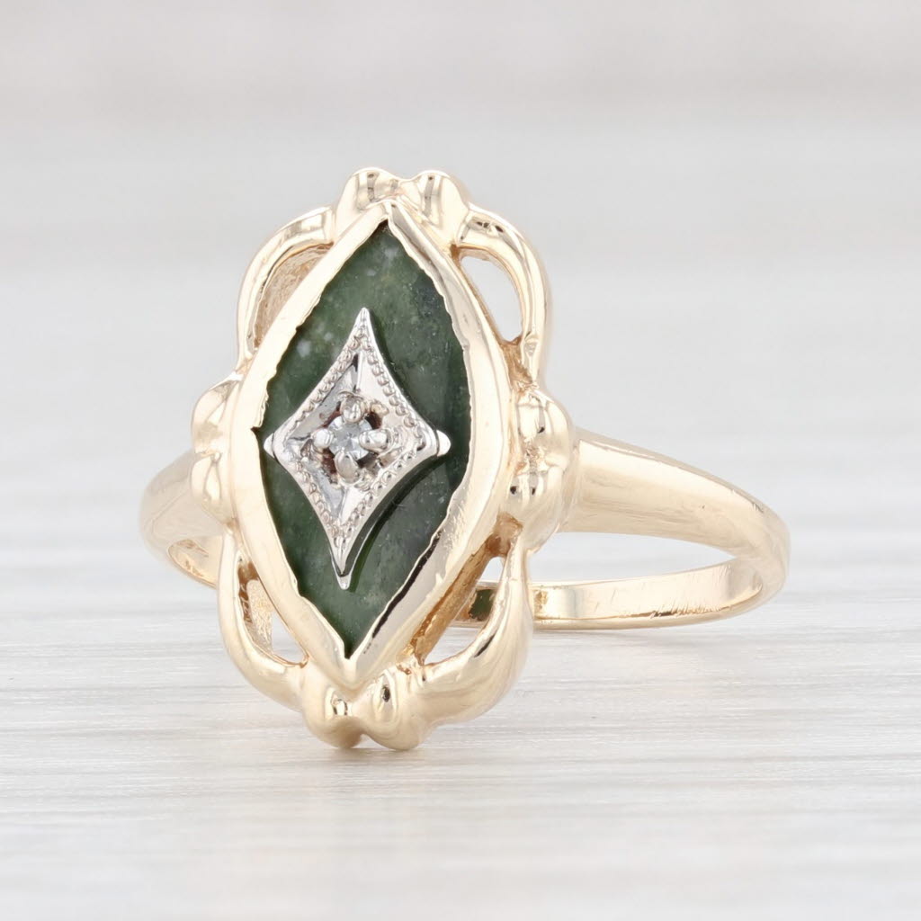 Light Gray Vintage Nephrite Jade Diamond Ring 10k Gold Size 4.75