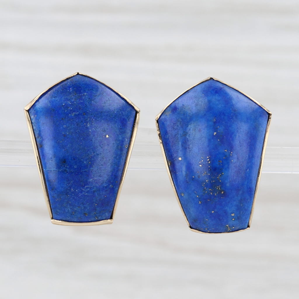 Blue Lapis Lazuli Drop Earrings 14k Yellow Gold Pierced Omega Backs
