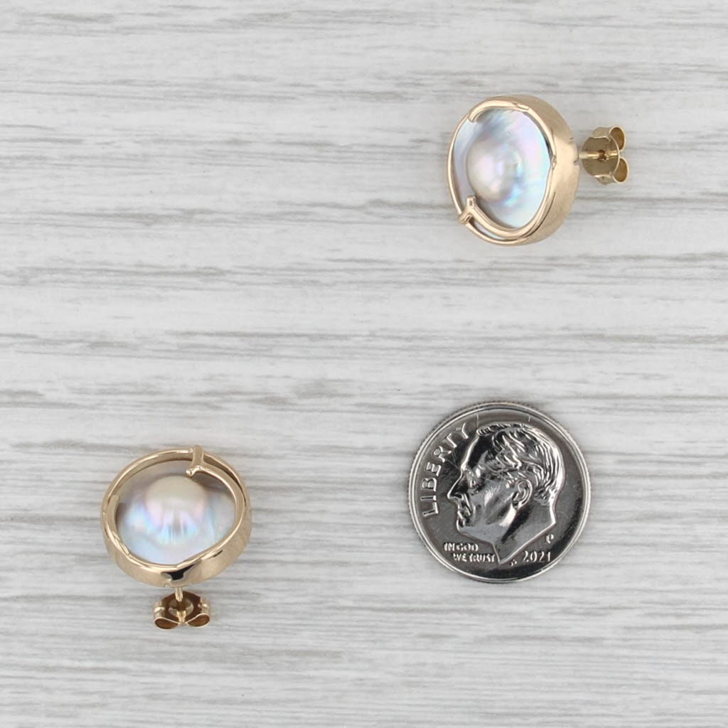 Blister Pearl Stud Earrings 14k Yellow Gold Button Studs