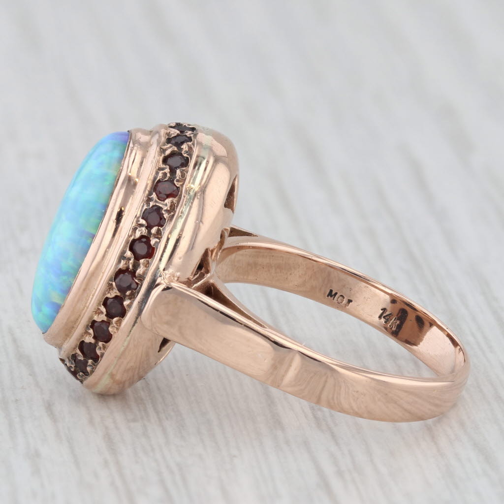 Light Gray Lab Created Opal Garnet Halo Ring 14k Rose Gold Size 6.75