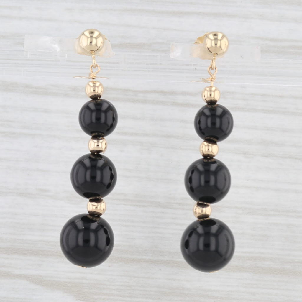 Light Gray Onyx Bead Dangle Earrings 14k Yellow Gold Pierced 3-Stone Drops