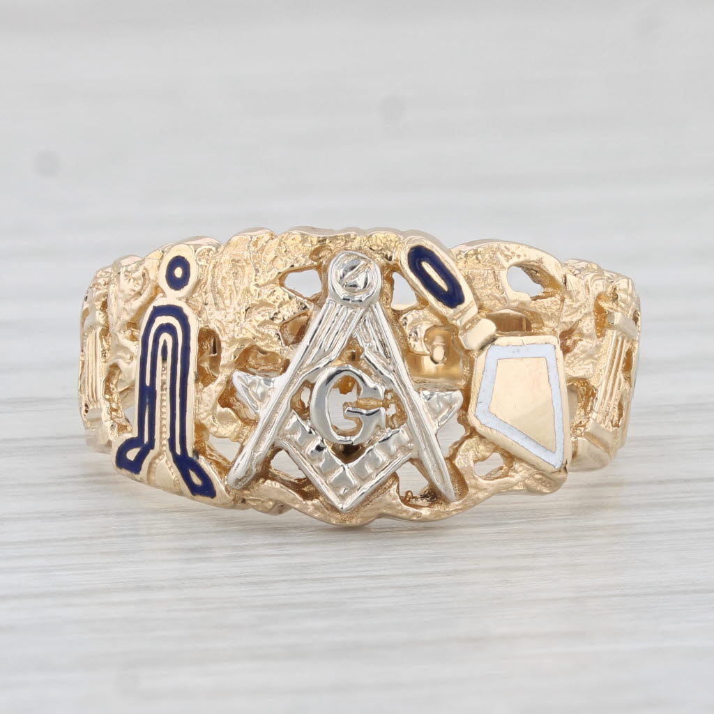 Light Gray Masonic Signet Ring 10k Yellow Gold Enamel Blue Lodge Square Compass Size 11