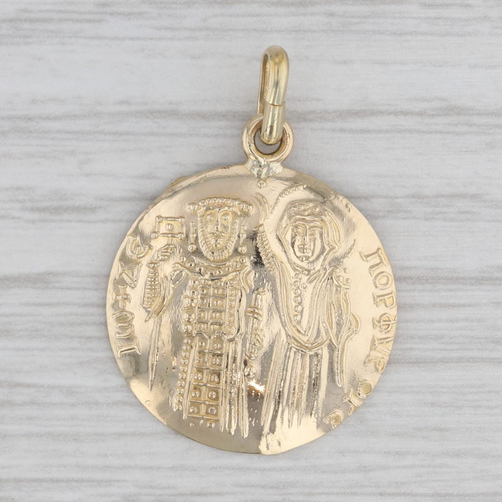 Gray Figural Ancient Byzantine Style Coin Pendant 14k Yellow Gold Medallion Drop