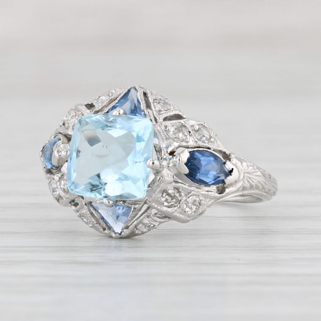 Light Gray Vintage 1.76ctw Aquamarine Diamond Lab Created Sapphire Ring Platinum Size 5.5