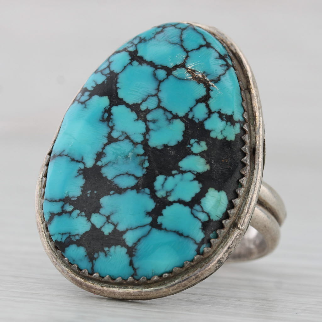 Sea Green Vintage Native American Turquoise Cabochon Ring Sterling Silver Size 12