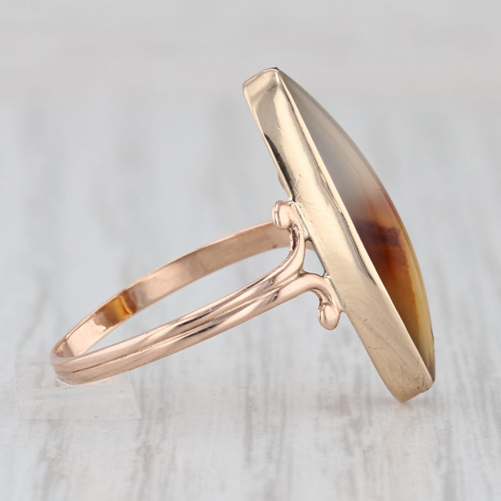 Vintage Brown White Agate Chalcedony Navette Cabochon Ring 10k Rose Gold Size 7