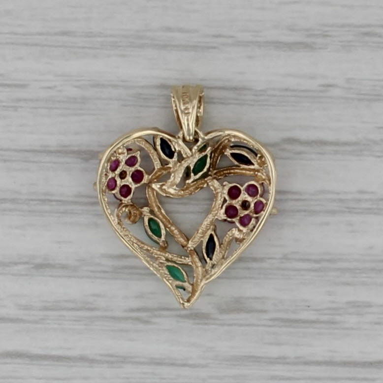 1.04ctw Ruby Emerald Sapphire Diamond Floral Heart Pendant 10k Yellow Gold