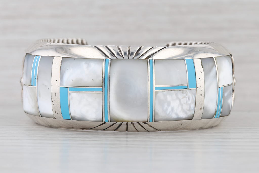 Chris Billie Stone Mosaic Cuff Bracelet Sterling Silver Navajo Native American