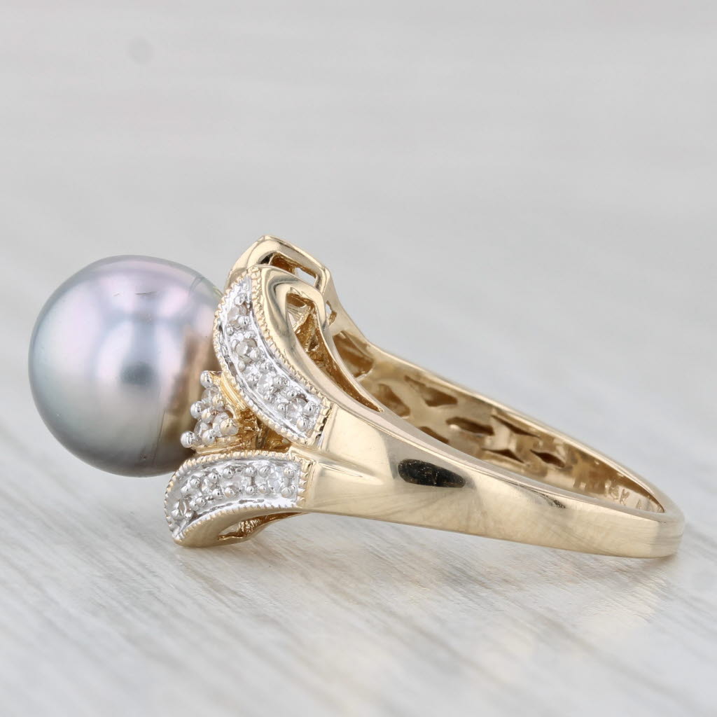 Light Gray Gray Dyed Cultured Pearl Diamond Ring 14k Yellow Gold Size 6.5