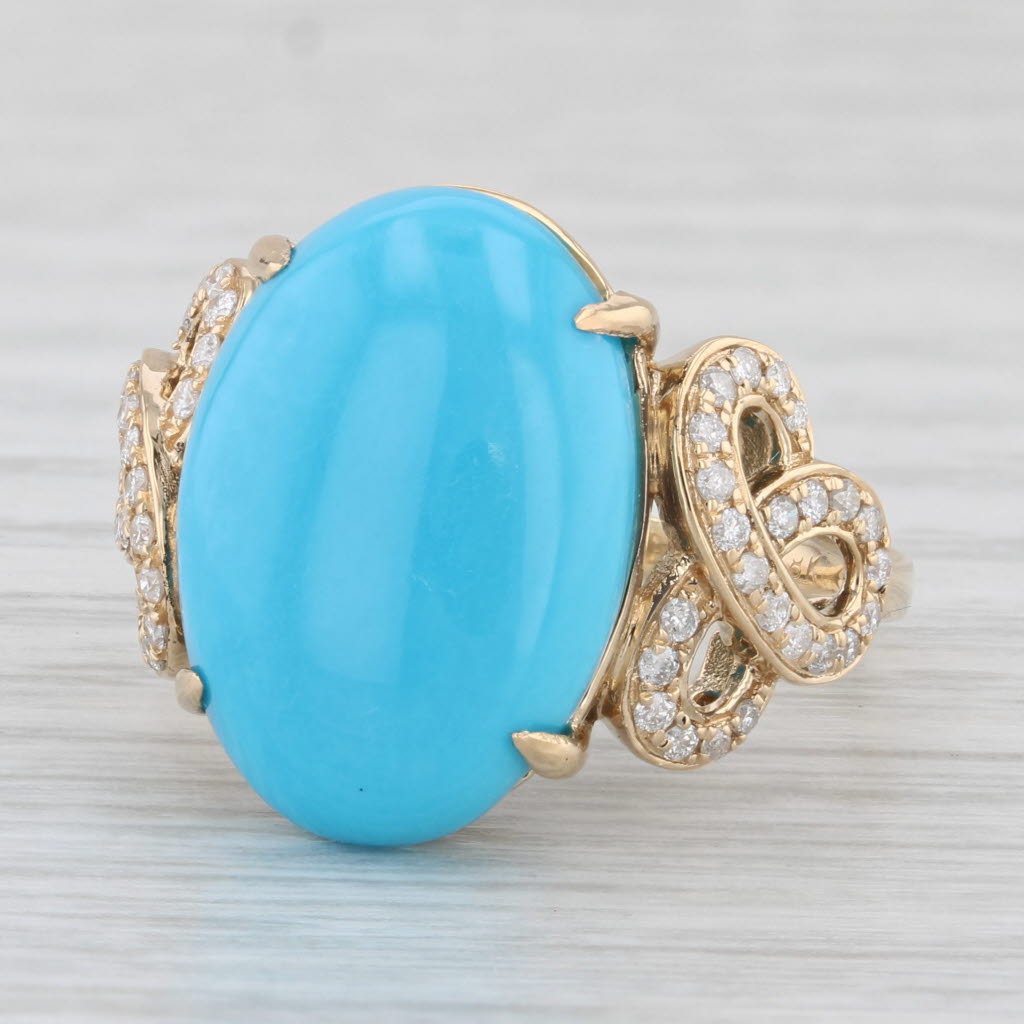 Light Gray Oval Cabochon Turquoise Diamond Ring 18k Yellow Gold Size 8.25