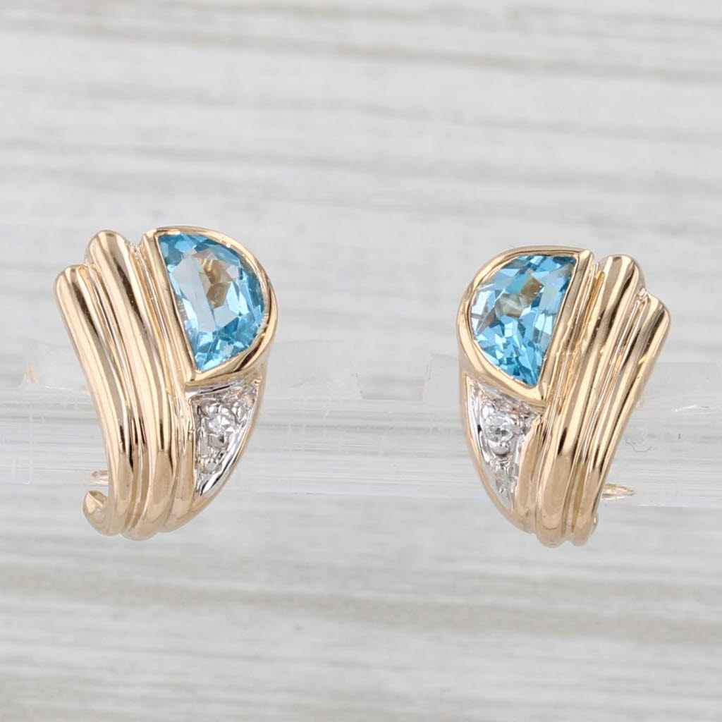 Light Gray Half Moon Blue Topaz Diamond Stud Earrings 14k Yellow Gold