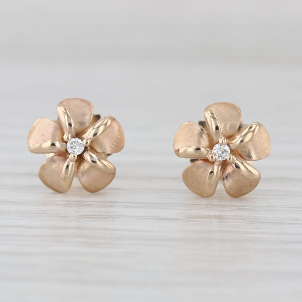 Diamond Plumeria Flower Stud Earrings 14k Yellow Gold Floral Studs