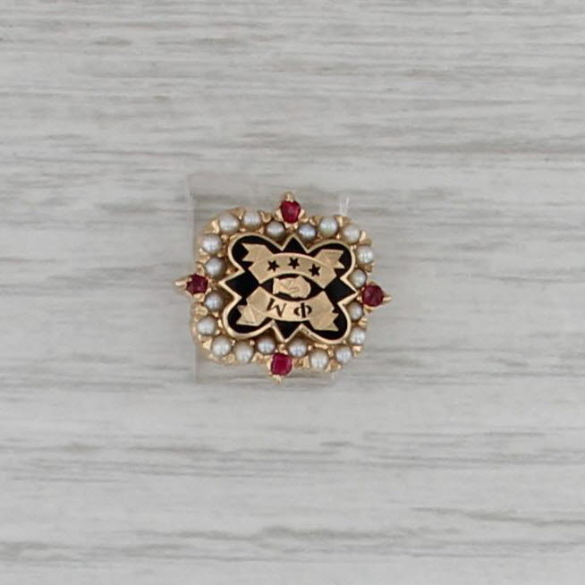 Phi Mu Badge 14k Gold Seed Pearls Synthetic Rubies Vintage Sorority Pin