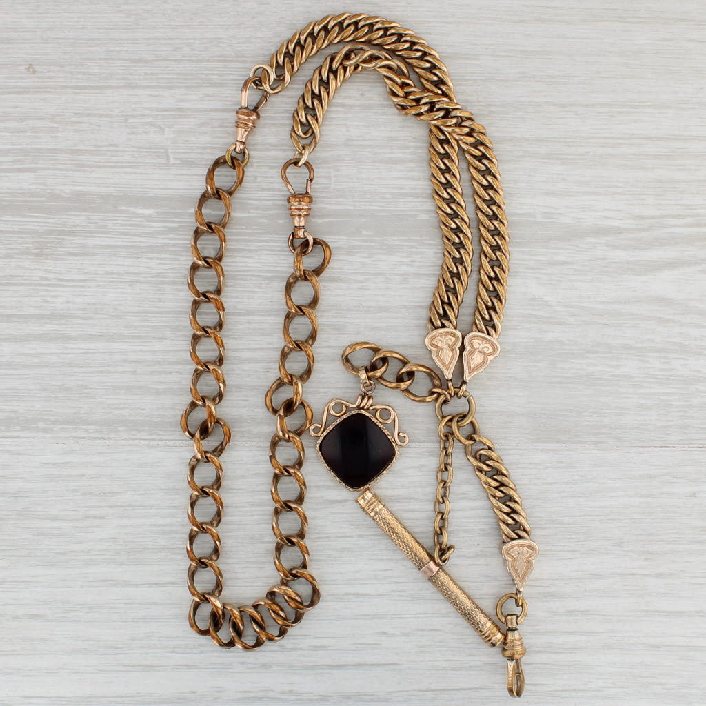 Gray Victorian Antique Watch Fob Chain Necklace Pendant Sardonyx Intaglio Gold Filled