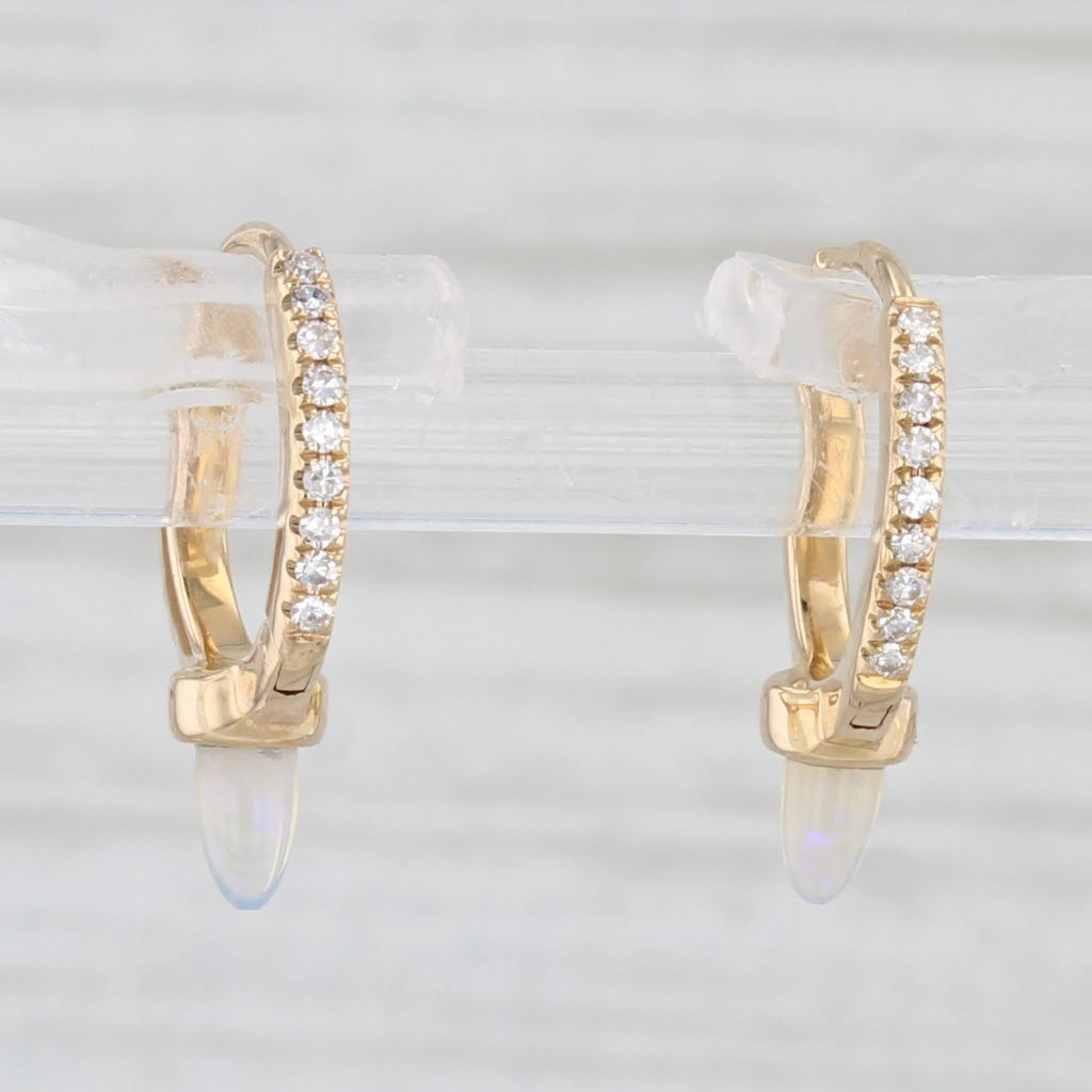 Light Gray New Opal Diamond Hoop Earrings 14k Yellow Gold Huggie Hoops