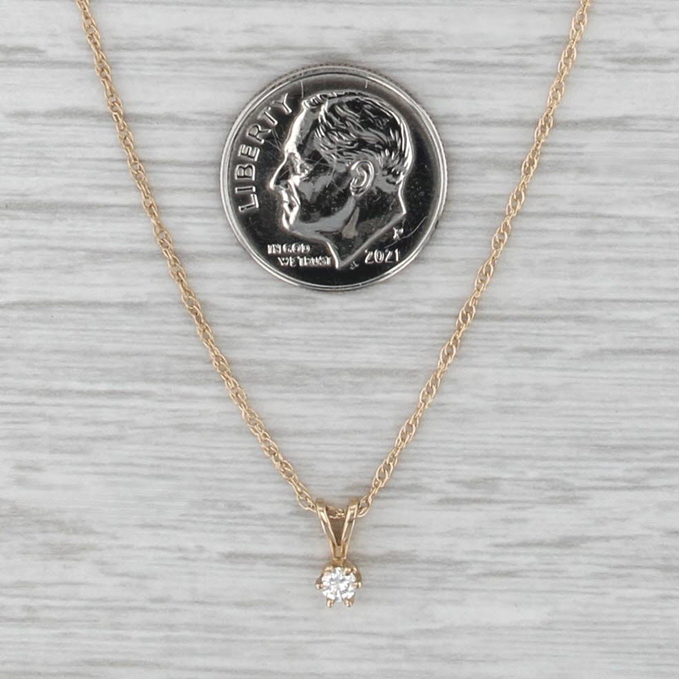 Small Round Diamond Solitaire Pendant Necklace 14k Yellow Gold 16.5" Rope Chain