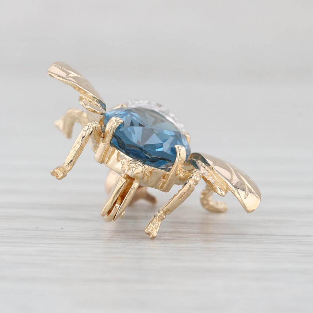 3.50ctw Blue Topaz Diamond Bee Brooch Pendant 14k Yellow Gold Pin