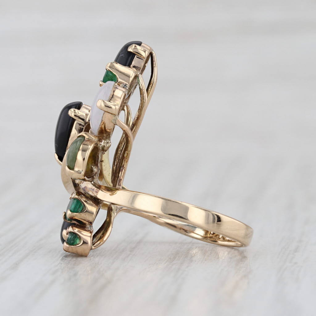 Jade Emerald Onyx Cabochon Cocktail Ring 14k Yellow Gold Size 4