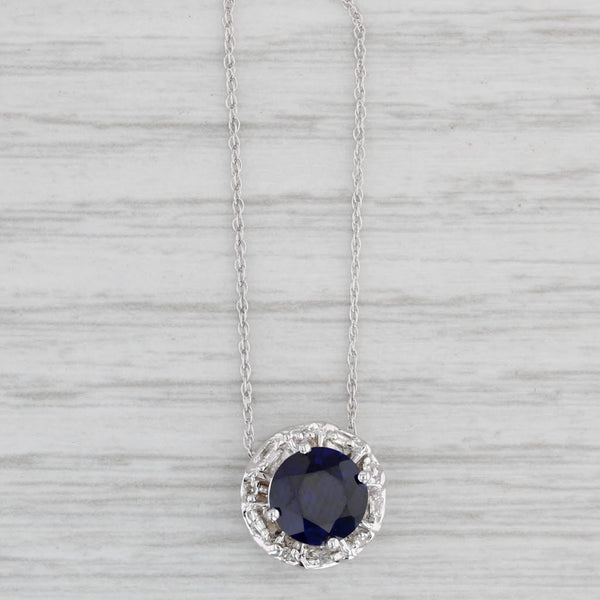 1.88ctw Lab Created Blue Sapphire Diamond Halo Pendant Necklace 10k White Gold