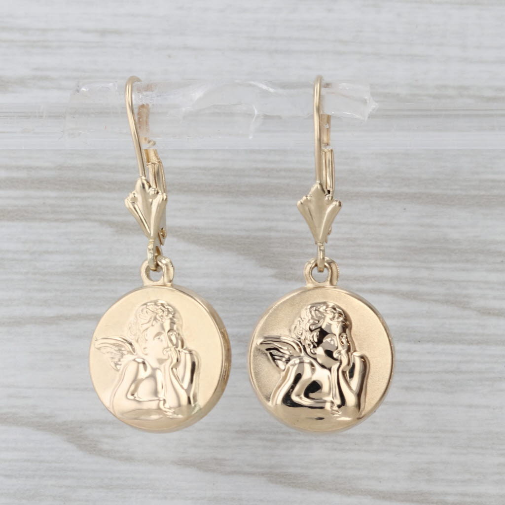 Guardian Angel Cherub Dangle Earrings 14k Yellow Gold Pierced Drops