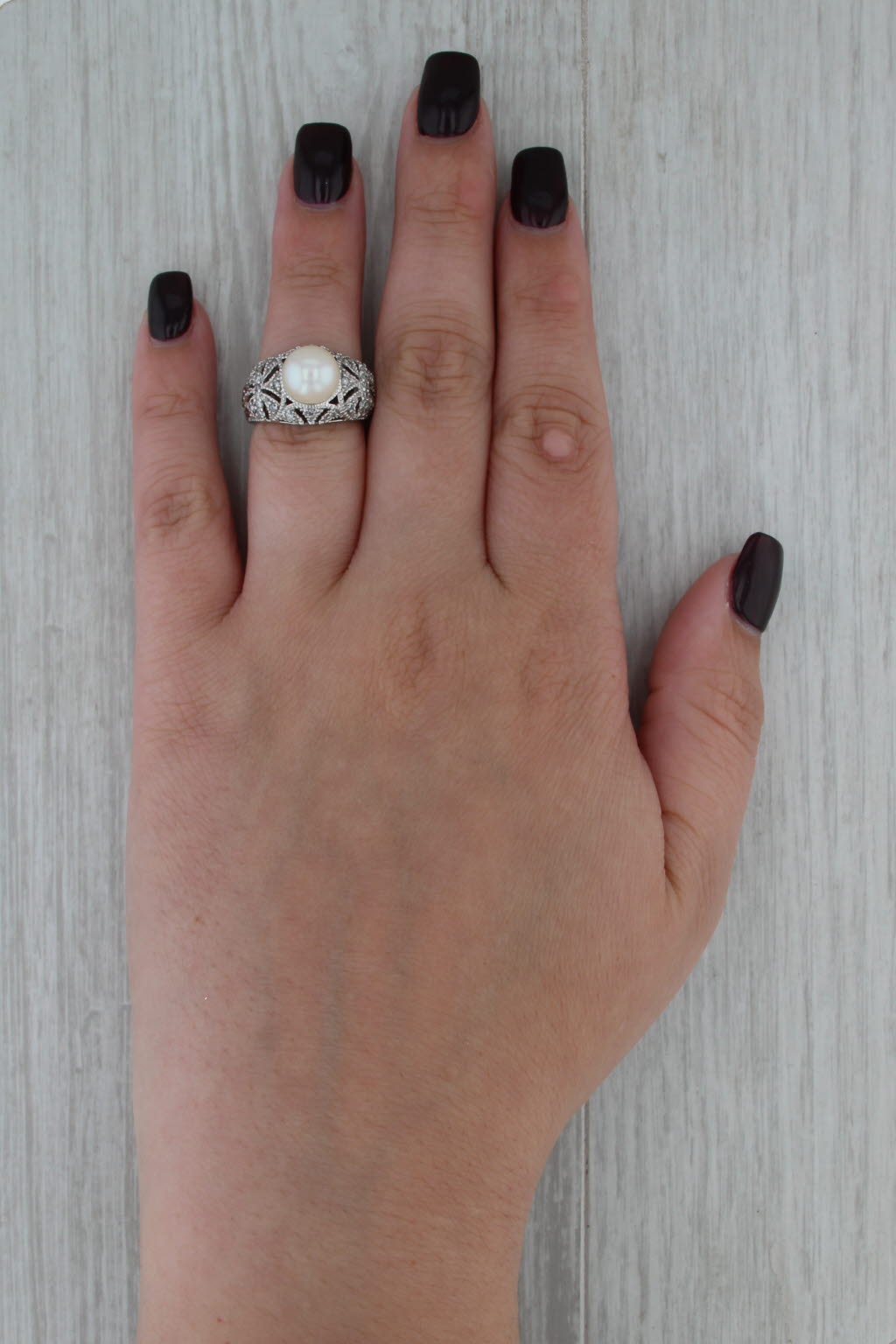 Cultured Pearl 0.27ctw Diamond Filigree Ring 14k White Gold Size 5.25
