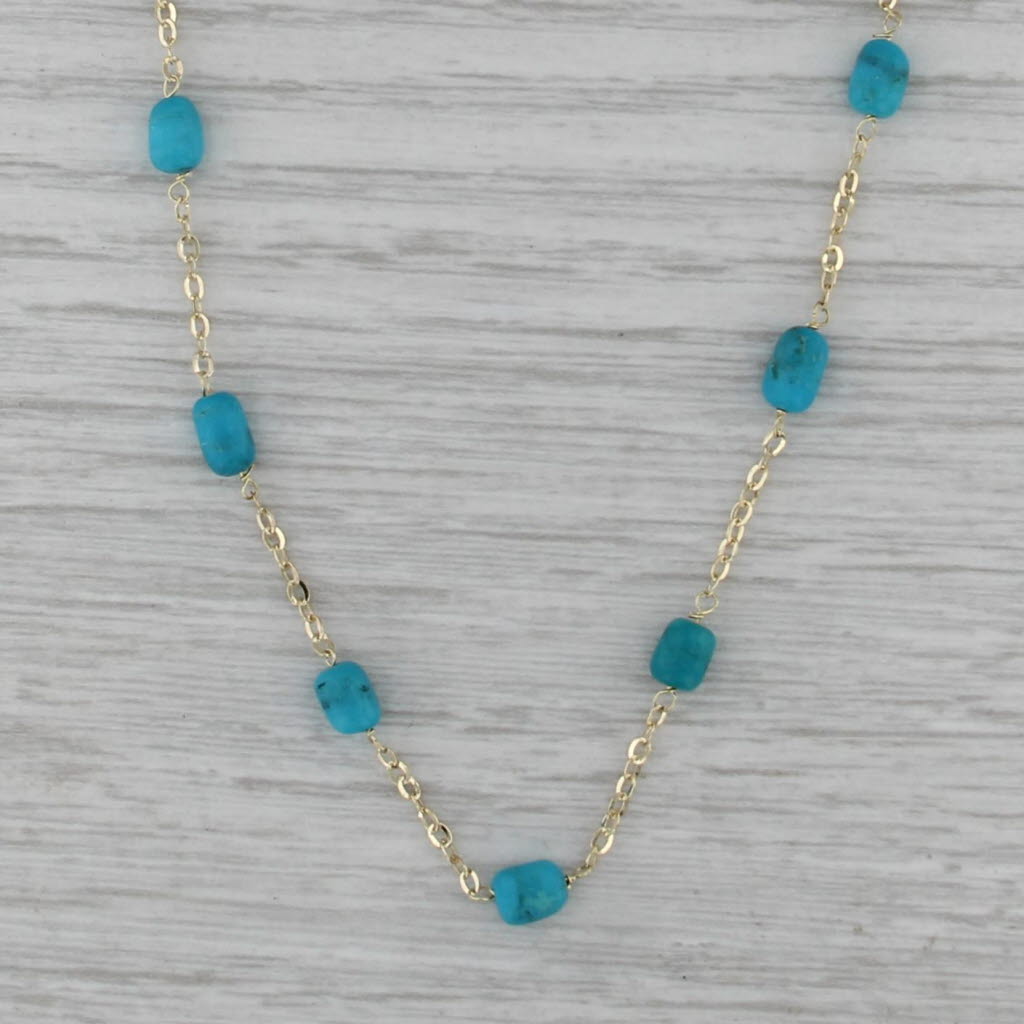 Turquoise Bead Station Necklace 14k Yellow Gold 18.25" Cable Chain Italy