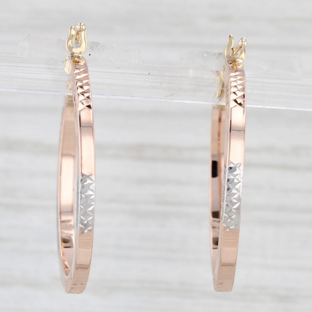 Light Gray Tri-Toned Hoop Earrings 14k Rose White Yellow Gold Snap Top Round Hoops