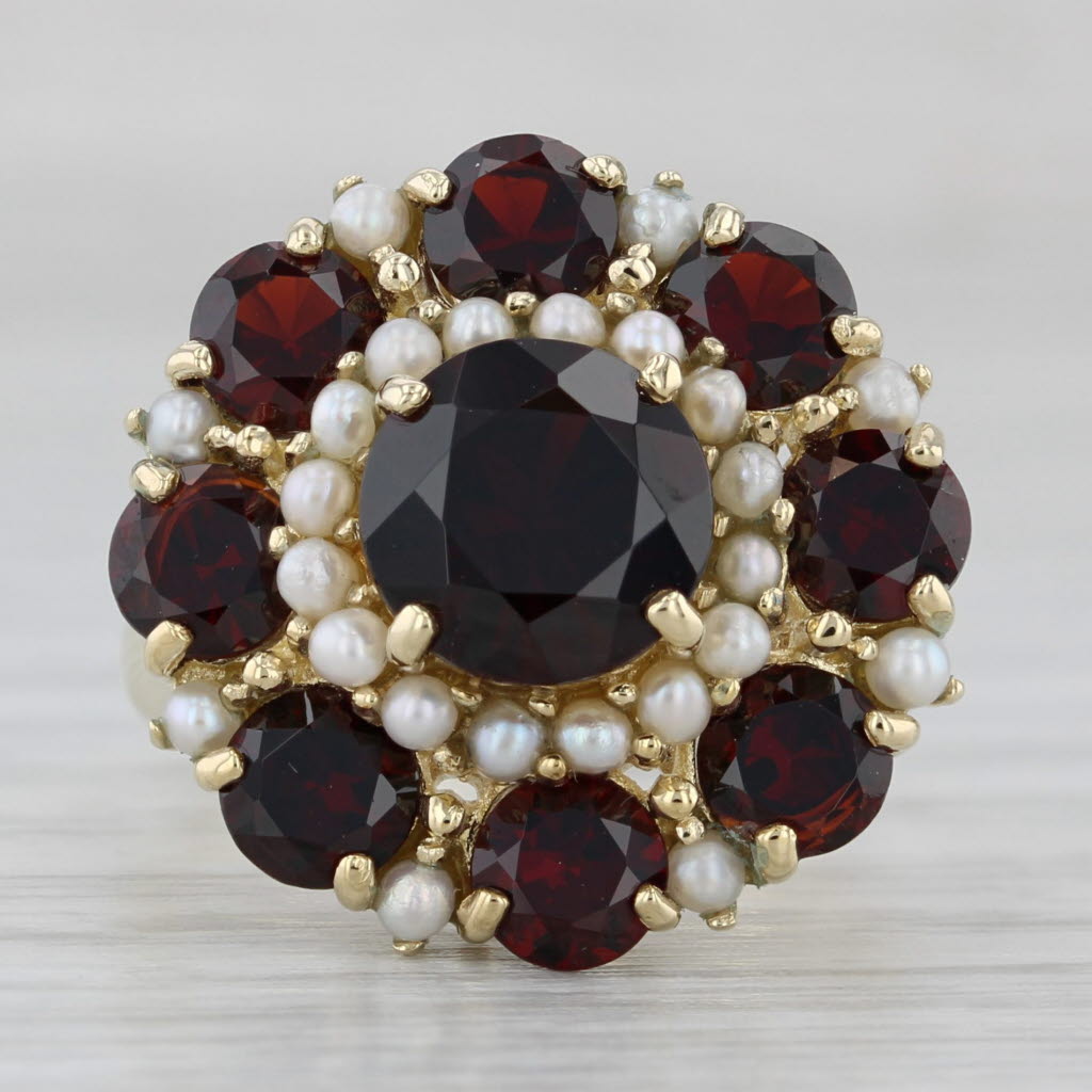 Gray 6ctw Garnet Seed Pearl Cocktail Ring 14k Yellow Gold Size 7.25