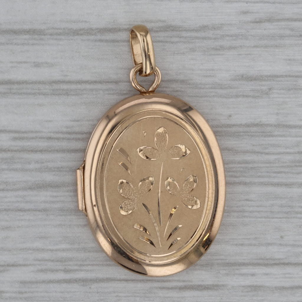 Dark Gray Floral Engraved Engravable Locket Pendant 14k Yellow Gold Vintage