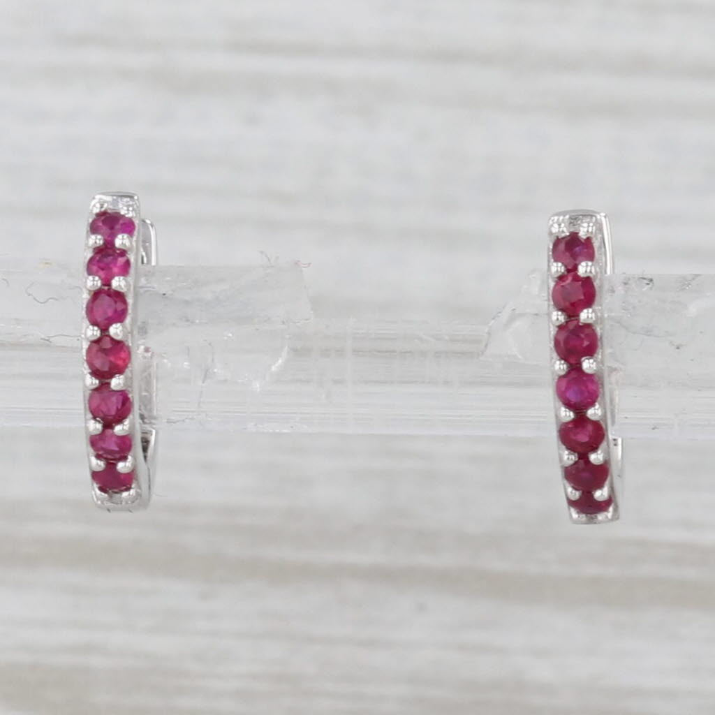 Light Gray 0.30ctw Ruby Hoop Huggie Earrings 14k White Gold Round Hoops Snap Top
