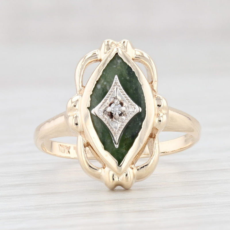 Light Gray Vintage Nephrite Jade Diamond Ring 10k Gold Size 4.75