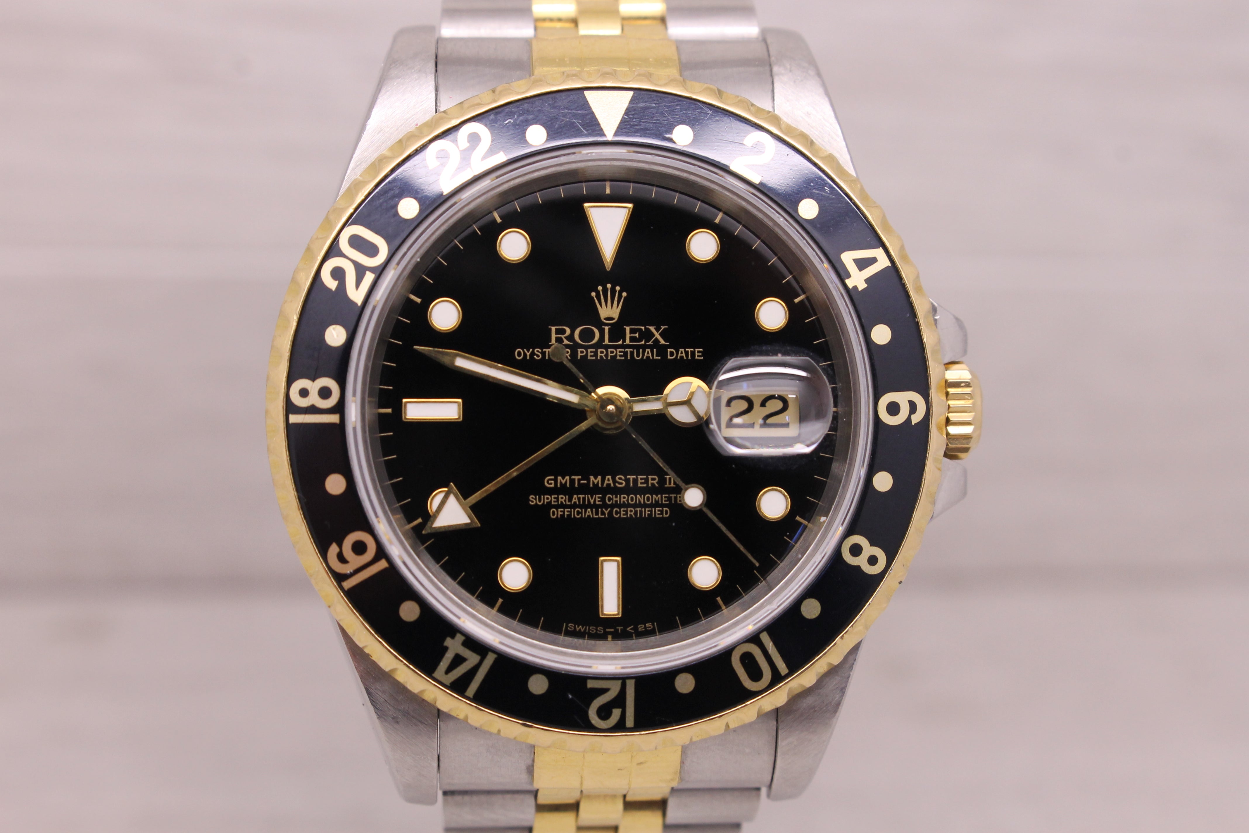 Gray Vintage 1993 Rolex GMT Master II 16713 Mens Automatic 18k & Steel Watch w/ Box