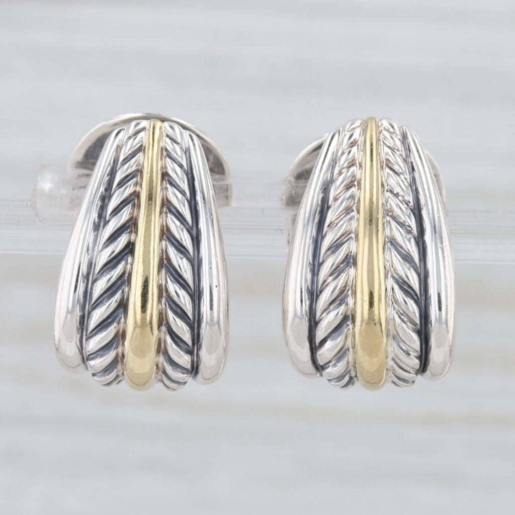 Yurman Cable Thoroughbred J-Hook Earrings Sterling Silver 18k Gold Omega Backs