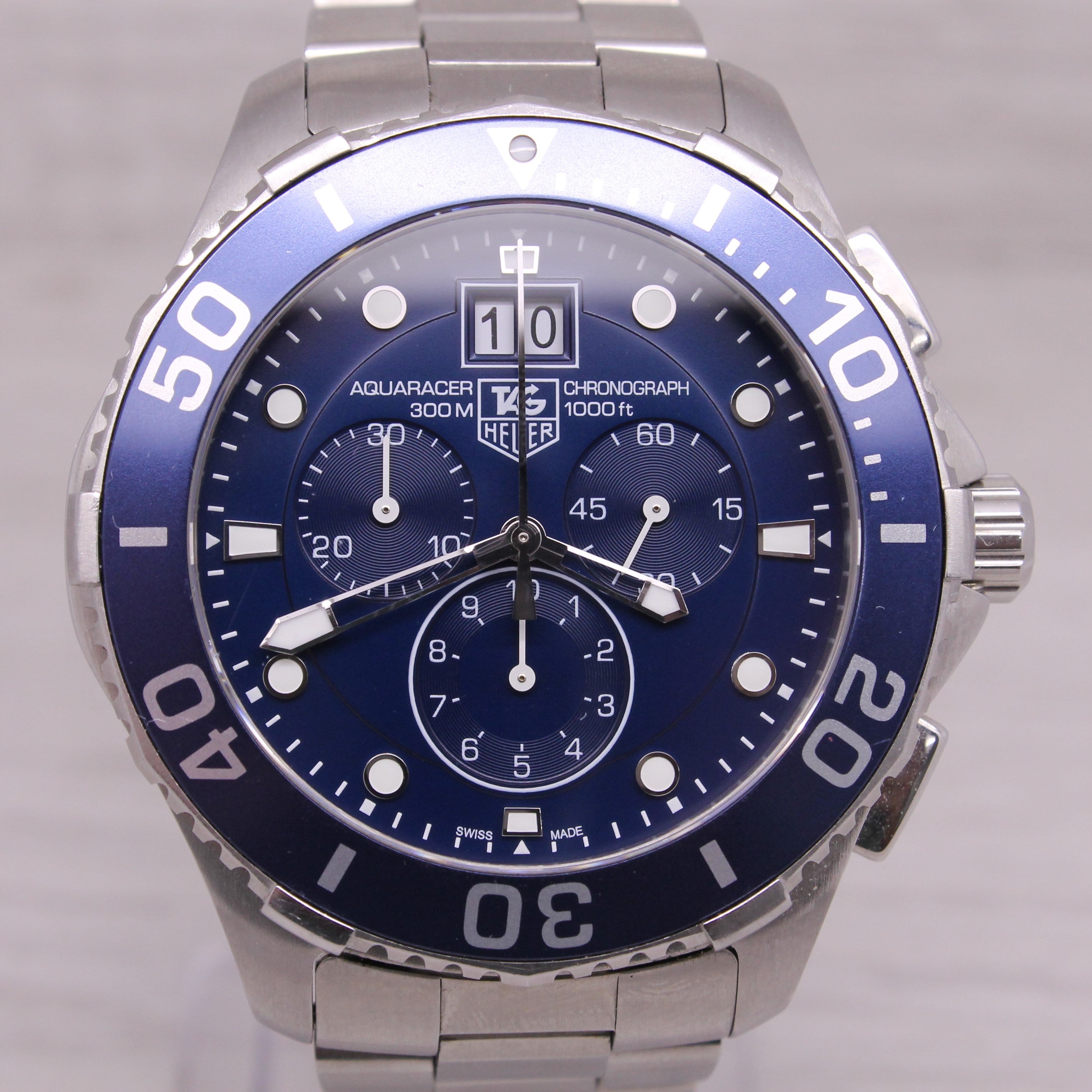 Gray Tag Heuer Blue Aquaracer Chronograph Mens 44mm Steel Quartz Watch CAN1011