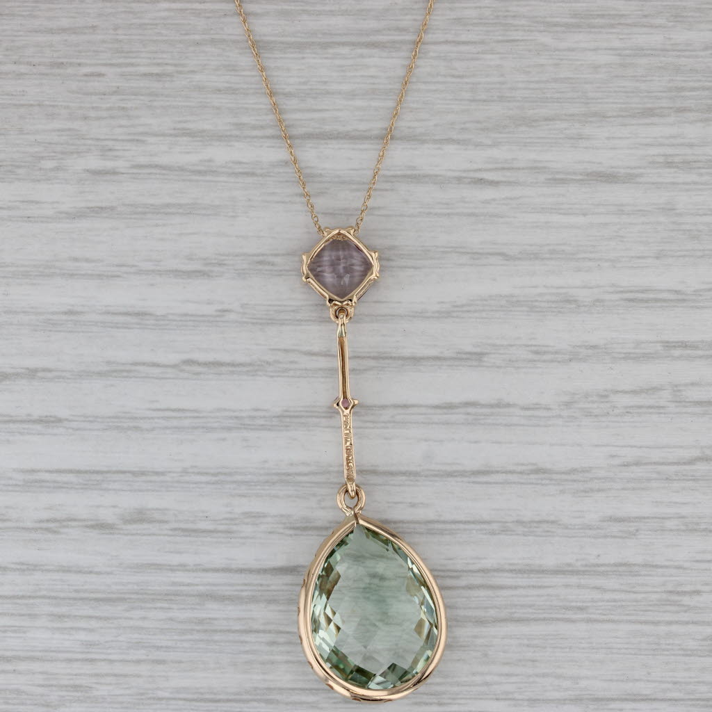 Gray 15.30ctw Prasiolite Green Amethyst Rose Quartz Pendant Necklace 14k Gold 18.75"