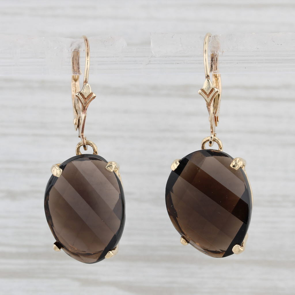 Light Gray Brown Smoky Quartz Dangle Earrings 10k Yellow Gold Pierced Lever Backs