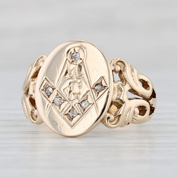 Light Gray Victorian Diamond Masonic Signet Ring 10k Gold Size 9.25 Square Compass Antique