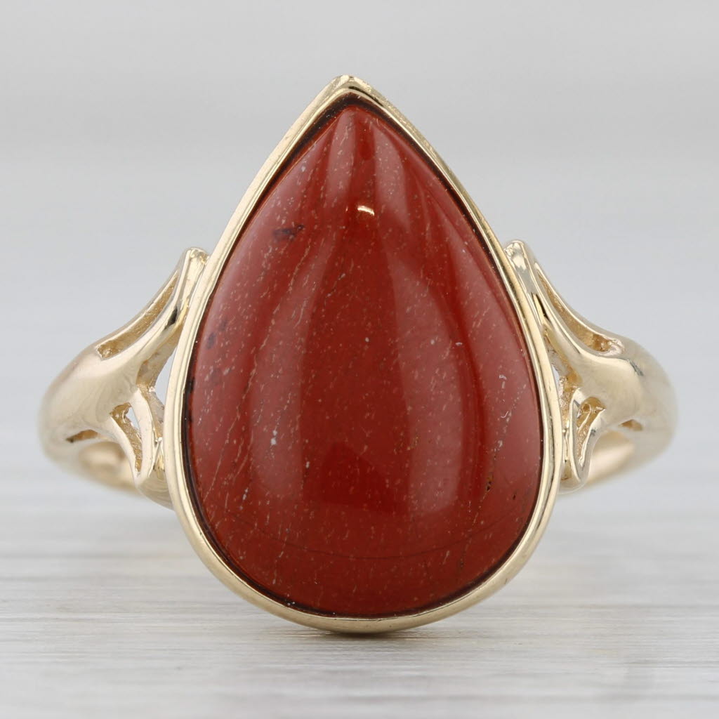 Light Gray Red Jasper Agate Ring 10k Yellow Gold Size 7 Pear Cabochon Solitaire