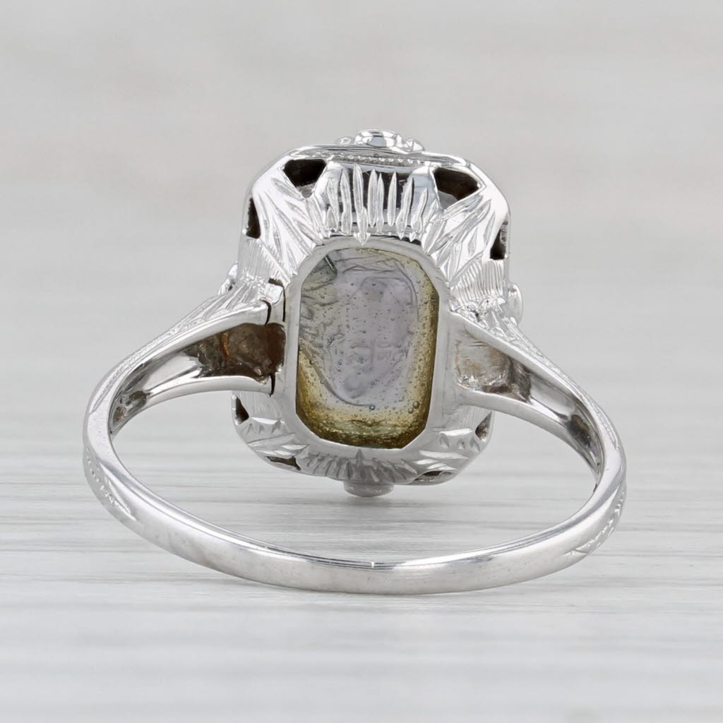 Light Gray Glass Intaglio Signet Ring 18k White Gold Size 6.5 Vintage