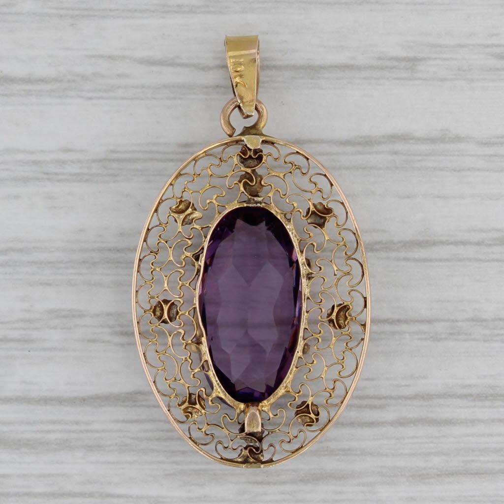 Gray Vintage Purple Glass Ornate Filigree Pendant 10k Yellow Gold Simulated Amethyst