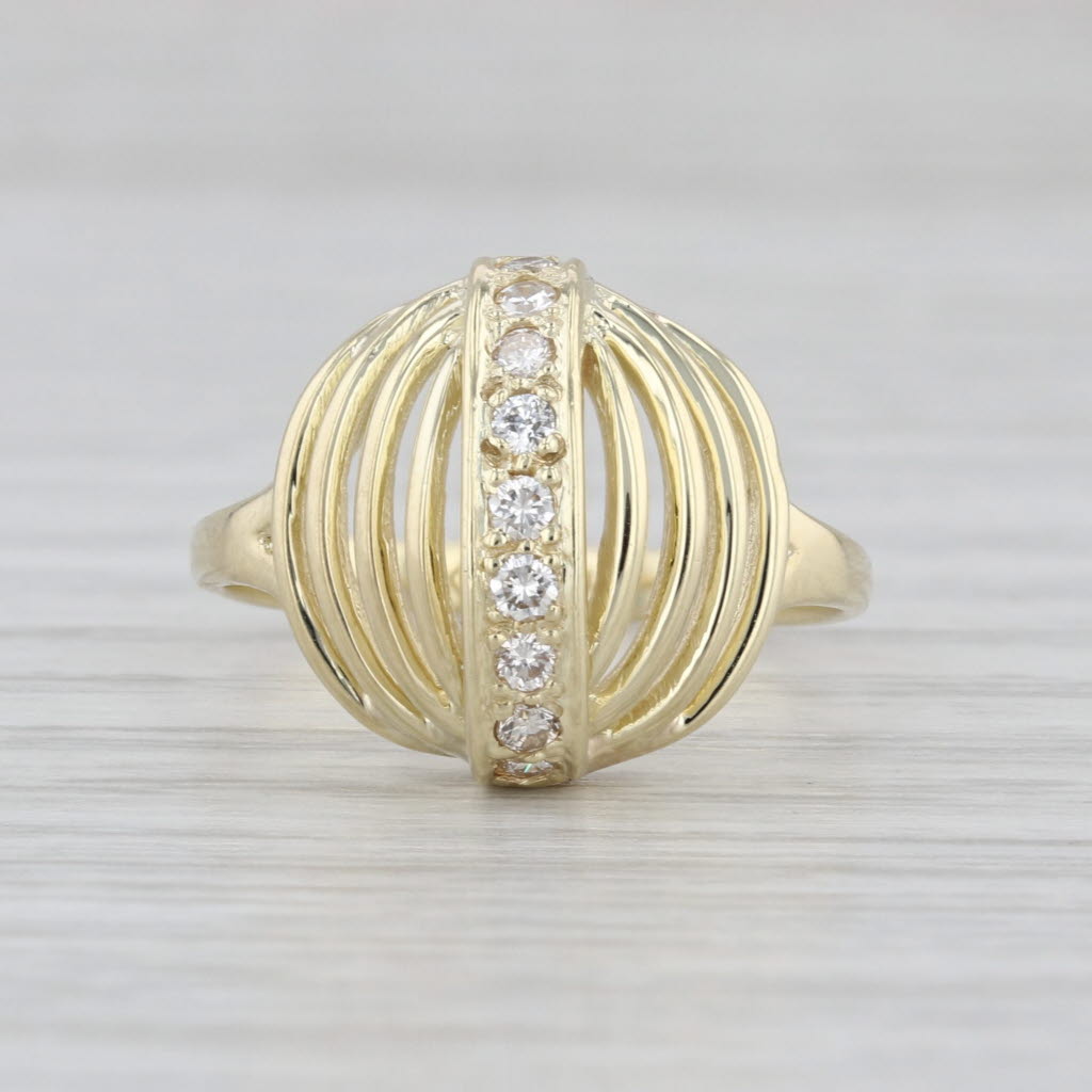 Vintage 0.15ctw Diamond Domed Openwork Ring 14k Yellow Gold Size 6.5