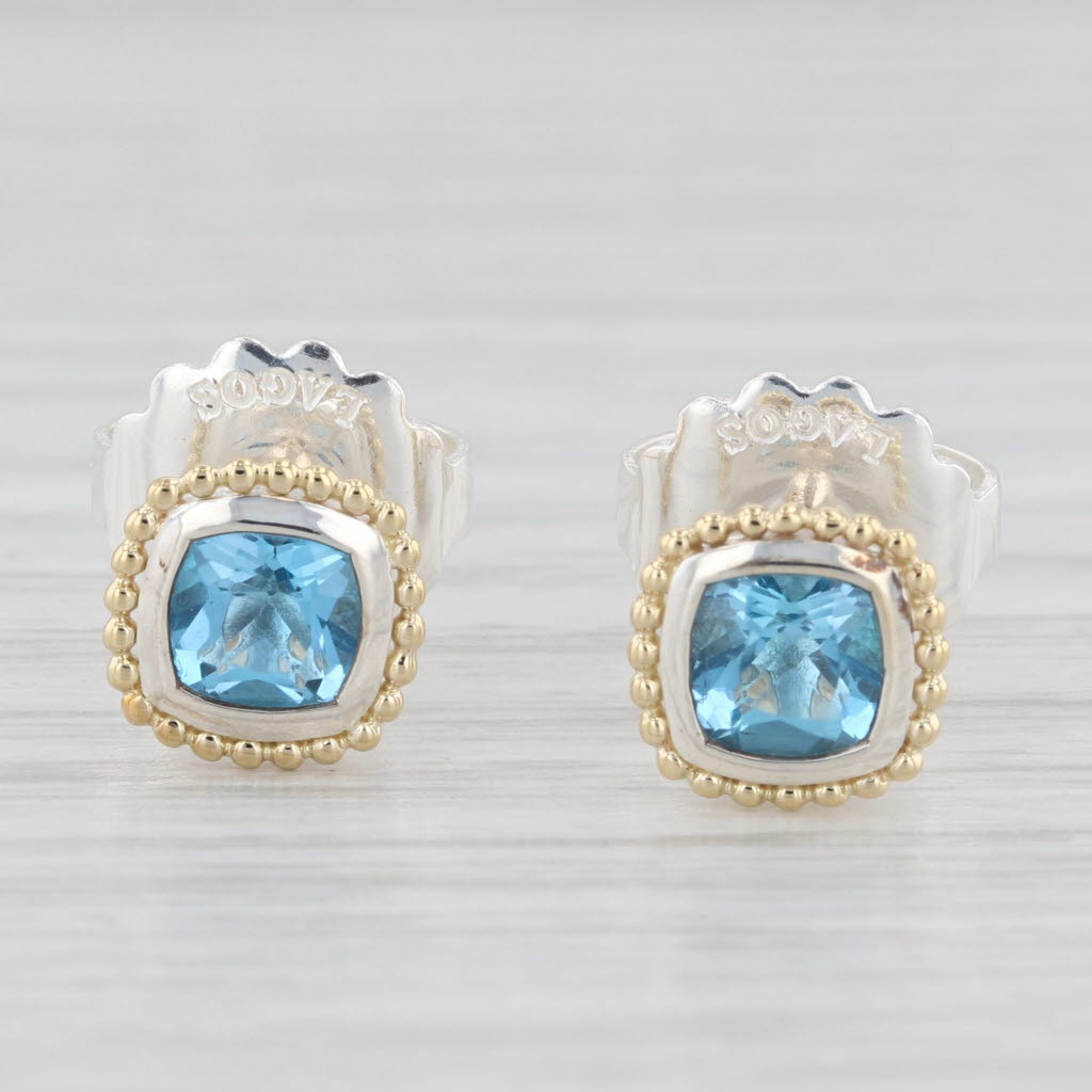 Light Gray New Lagos Caviar Rittenhouse Blue Topaz Stud Earrings Sterling Silver 18k Gold