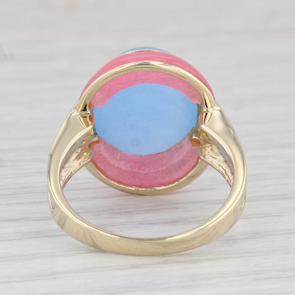 Light Gray Blue & Pink Jadeite Jade Oval Ring 14k Yellow Gold Size 8.25